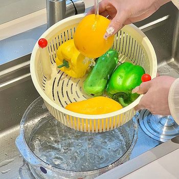 Simple Double-Layer Vegetable Washing Basket for Home Kitchen Vegetable and Fruit Large-Capacity Dust-Proof Vegetable Basket Water-Throwing Rotating Drain Basket Wholesale
