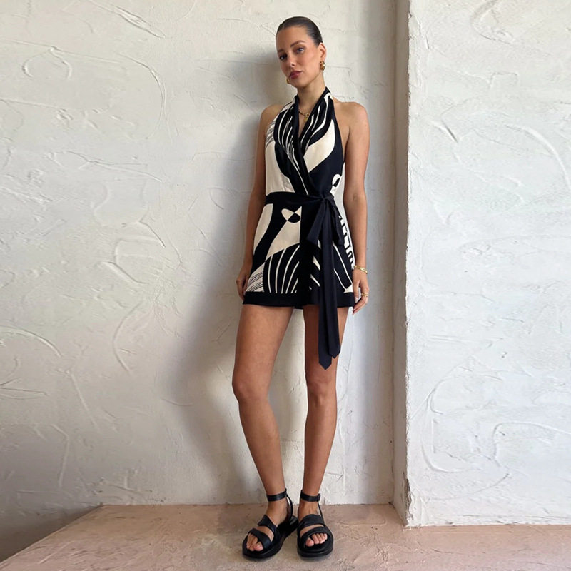 Nordic Style Floral Print Halter Neck Backless Dress Classic Design Waist Defined Short Length Ideal for Summer