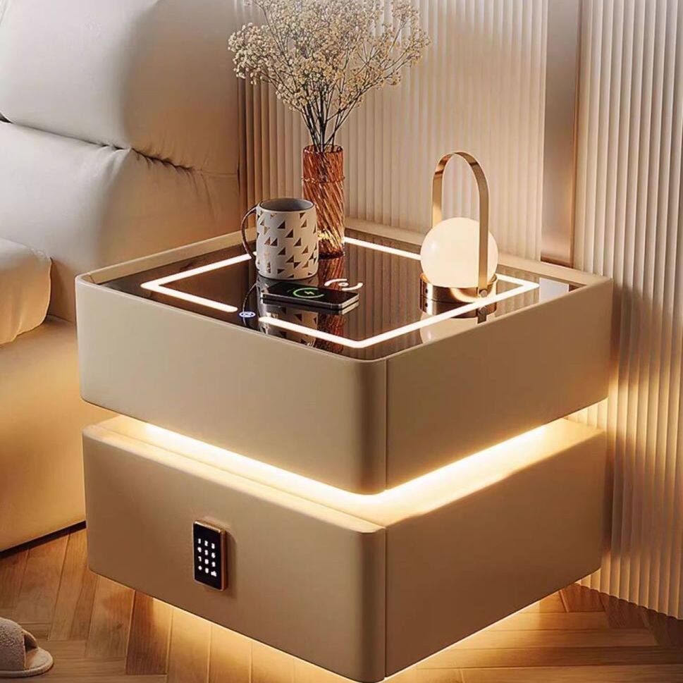 Smart Bedside Table Modern Simple Solid Wood with Light Bedroom Light Luxury Multi-Function Wireless Charging Bluetooth Smart Bed Cabinet