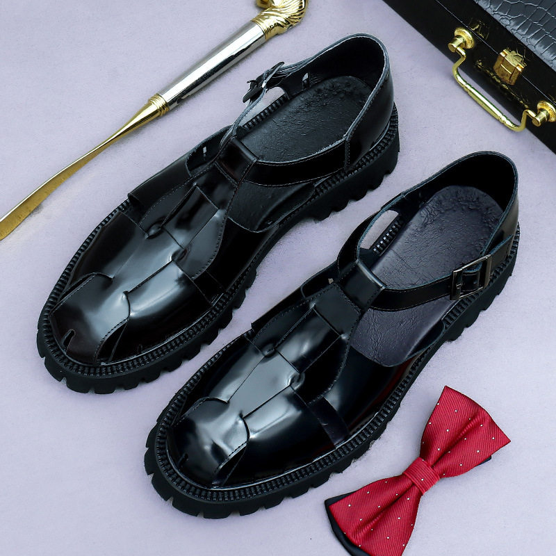 Giày Sandal Nam Da Bò Bóng Đế Cao 4.5cm Quai Khóa Màu Đen
