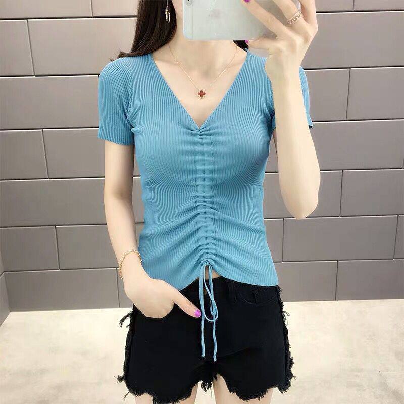 Womens V Neck Knitted T Shirt Short Sleeve Slim Fit Solid Color Summer Casual Wear