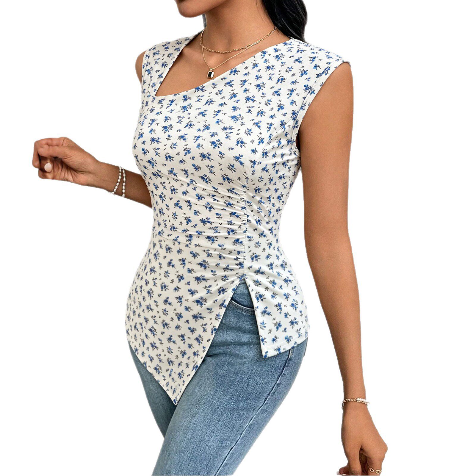 Floral Print Sleeveless Top Asymmetrical Design Waist Cinching Side Slit Casual Summer Wear Wholesale Available