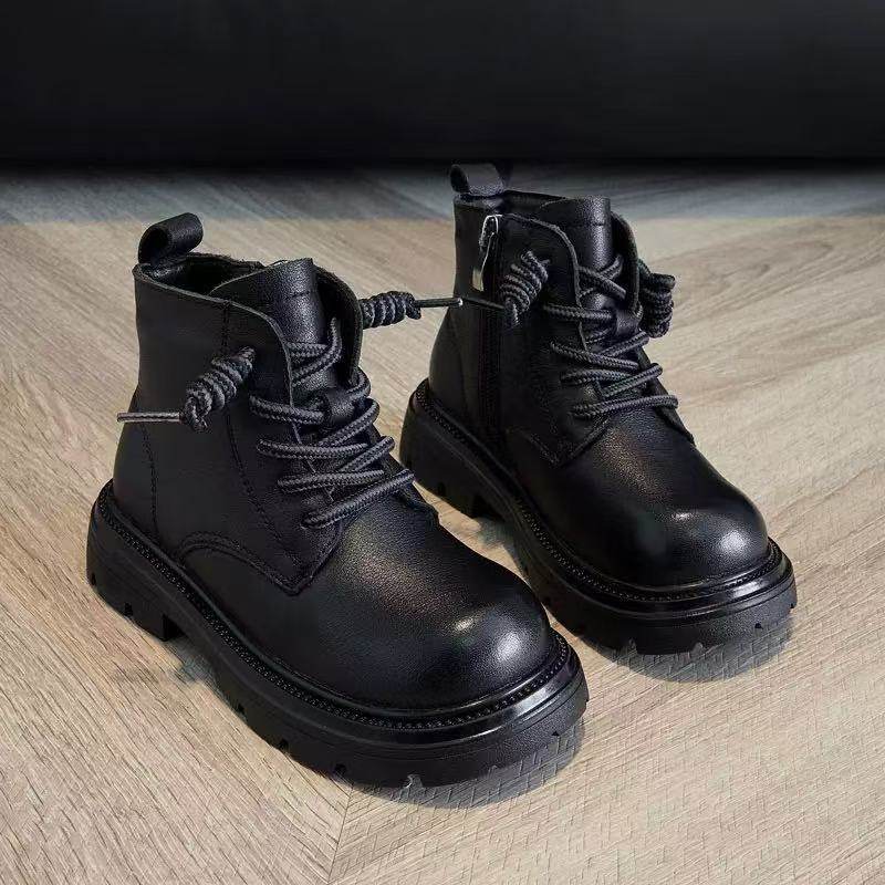 First-Layer Cowhide Versatile Boots 2025 Autumn and Winter New Style British Style Fashion Short Boots for Boys and Girls Low-Cut Cotton Boots