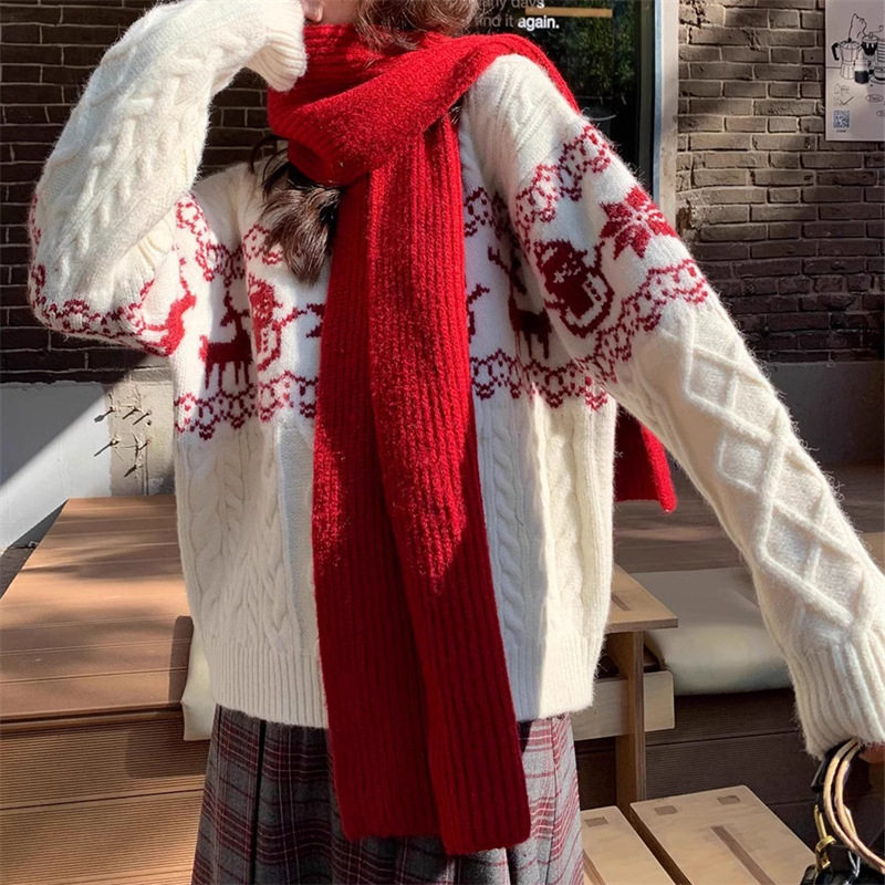 韩版复古圣诞氛围感提花毛衣女秋冬宽松保暖圆领套头针织衫上衣