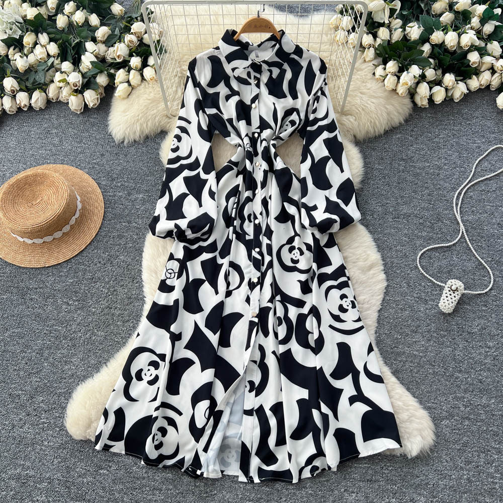 Fashionable Womens Floral Print Dress Long Sleeve Waist Tie A Line Silhouette Versatile for Work or Casual Occasions