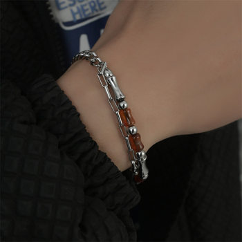 National Style Niche Double Layer Design Sense Agate Jade Bamboo Bracelet Duplex Handsome Cold Style Men's Titanium Steel Hip-Hop Bracelet