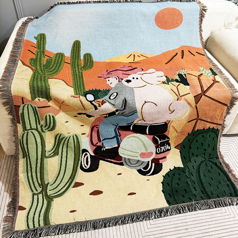 Cartoon Dog Riding Motorcycle Figure Blanket Single Sofa Blanket Field Camping Blanket Cotton Blanket