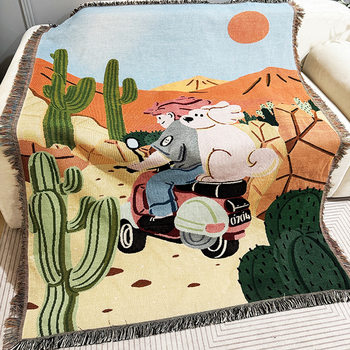 Cartoon Dog Riding Motorcycle Figure Blanket Single Sofa Blanket Field Camping Blanket Cotton Blanket