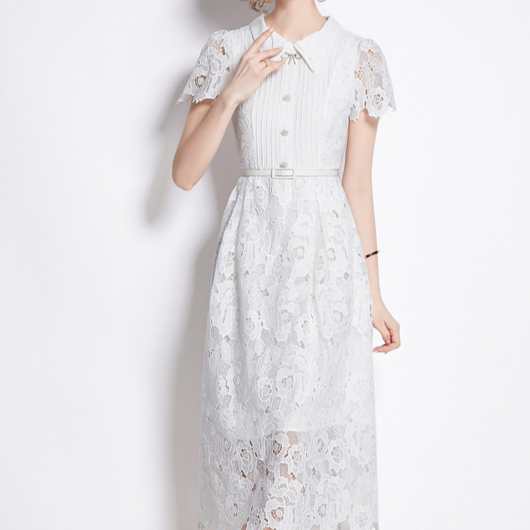 Womens Summer A Line Midi Dress Elegant Lace Cut Out Slim Fit Waist Defining Perfect for Parties and Special