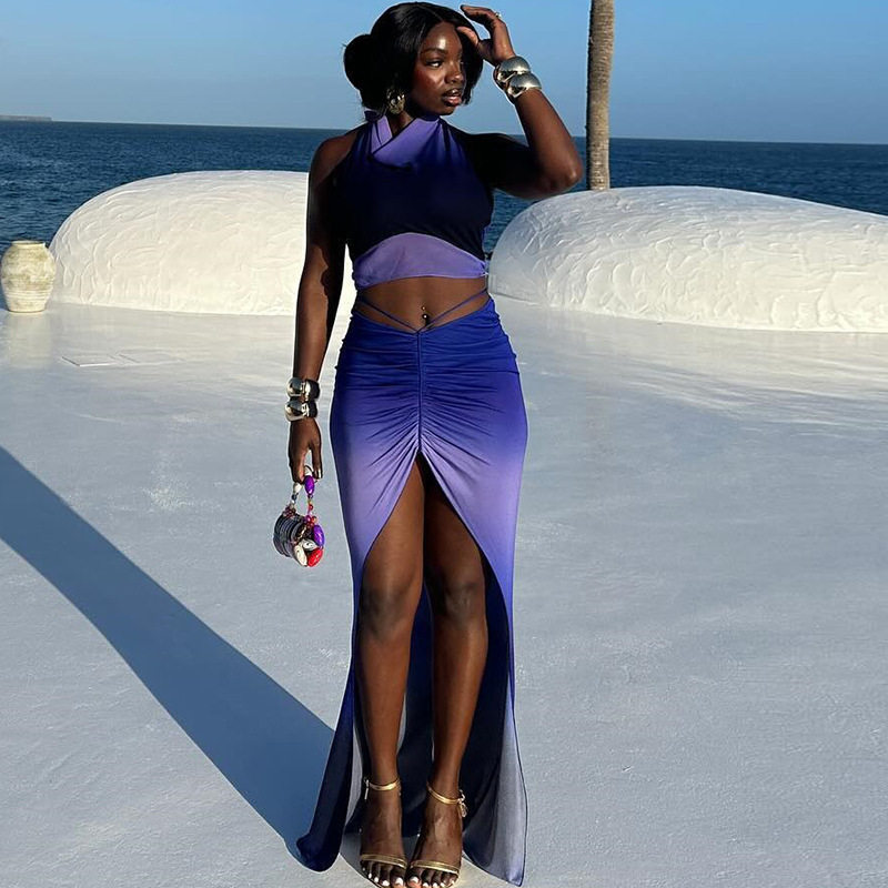 Fashion Floral Two Piece Set Sleeveless Backless High Slit Skirt Trendy for Summer Outings Wholesale Available