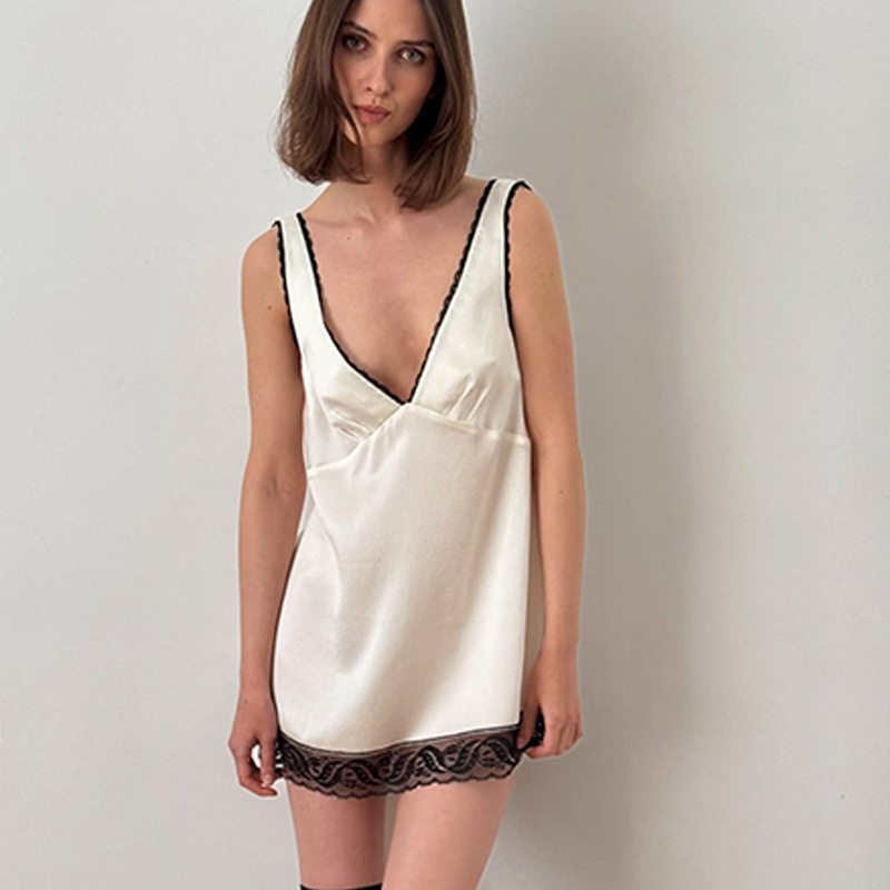 Loose Casual Fashion Womens Lace Trimmed V Neck Sleeveless Satin Home Dress Summer Short Skirt Wholesale Available