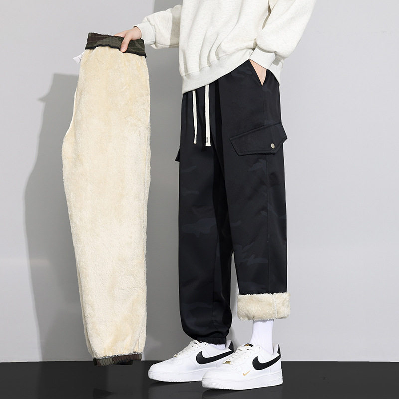 Quần Jogger Nam Lót Lông Cừu Non Dày Dặn Phong Cách Mỹ Ống Bo Chun Màu Rằn Ri, Đen