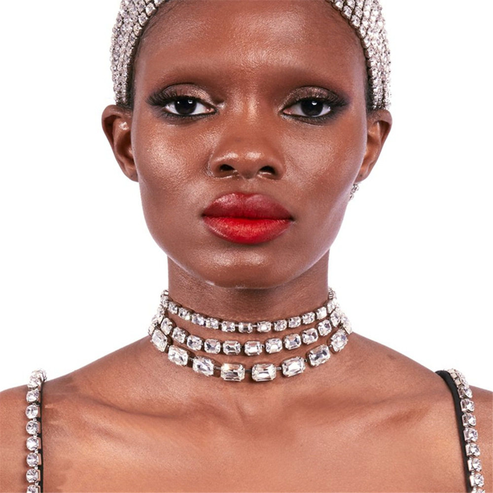 European and American New Style Exaggerated Crystal Multi-Layer Tassel Necklace Shiny Rhinestone Choker Bridal Wedding Jewelry