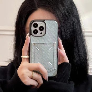 Suitable for Evaluating 15Promax Phone Cases, Trendy Embroidered Iphone14Pro Anti-Drop Cases, Card-Insertable Denim Fabric 17P