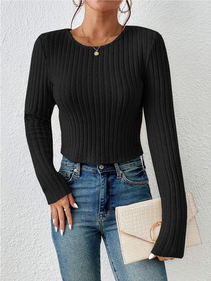 Casual Fitted Sweater Solid Color Round Neck Long Sleeve Autumn Winter Wear Ready to Ship low MOQ