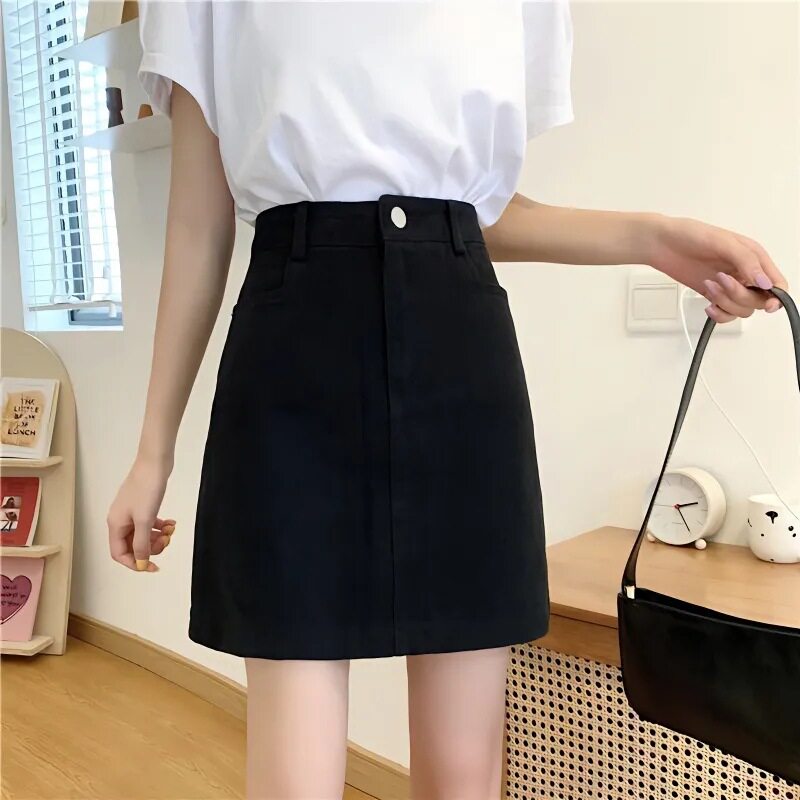 High Waisted Black Denim Bodycon Skirt Slim Fit A Line Style Trendy Design Perfect for Students and Casual Outings