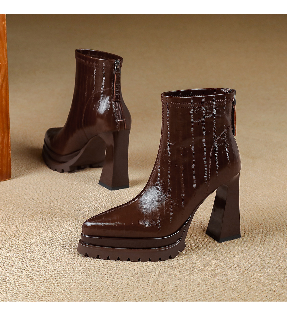 Boot nữ cao gót 10cm mũi nhọn da thật, cổ thấp gót vuông khóa kéo sau — Bảng màu nâu, Màu đen bên trong, Màu nâu., Trong danh sách đen