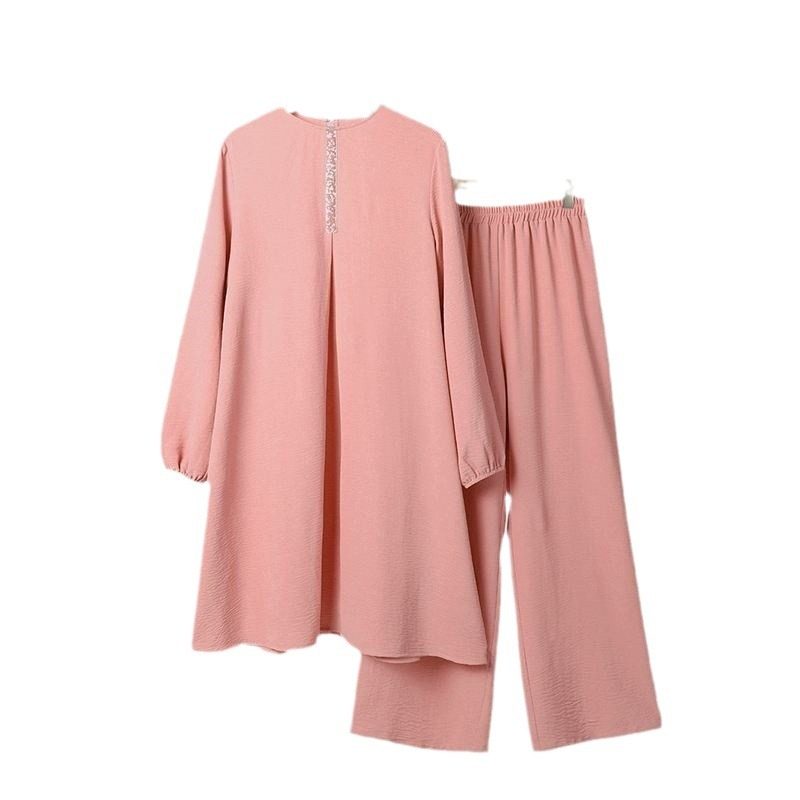 Muslim women's cross-border Spring and Autumn new solid color round neck sequined long-sleeved shirt trousers fashion casual suit