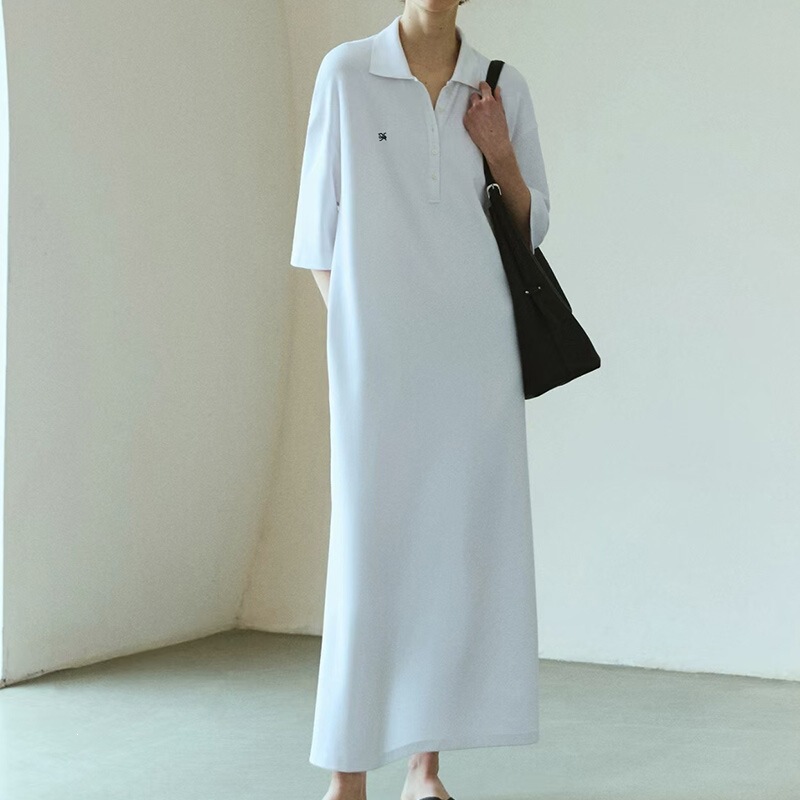 Đầm polo nữ dáng suông dài tay ngắn cổ polo phong cách tối giản — màu đen, Màu nâu, Màu trắng