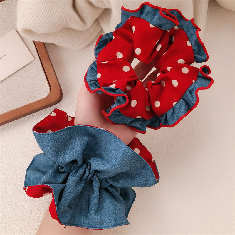 Satin Retro Red Polka Dot Denim Scrunchie Sweet Versatile Brightening Bun Hair Tie Hair Accessory for Women