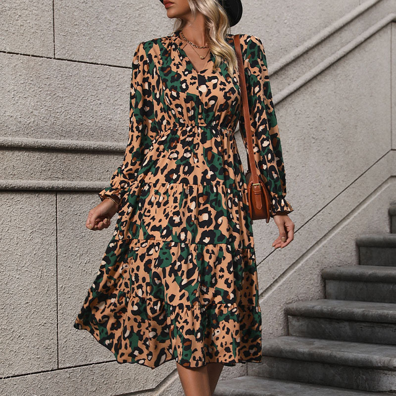 Long Sleeve Leopard Print Dress Mid Length Autumn Fashion Casual Wear Wholesale Available OEM ODM service