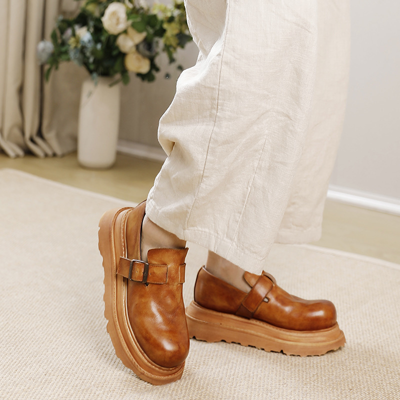 Giày lười nữ da bò thật dạng sục gót thấp đế dày — Màu caramel, Màu đen, Màu Kaki