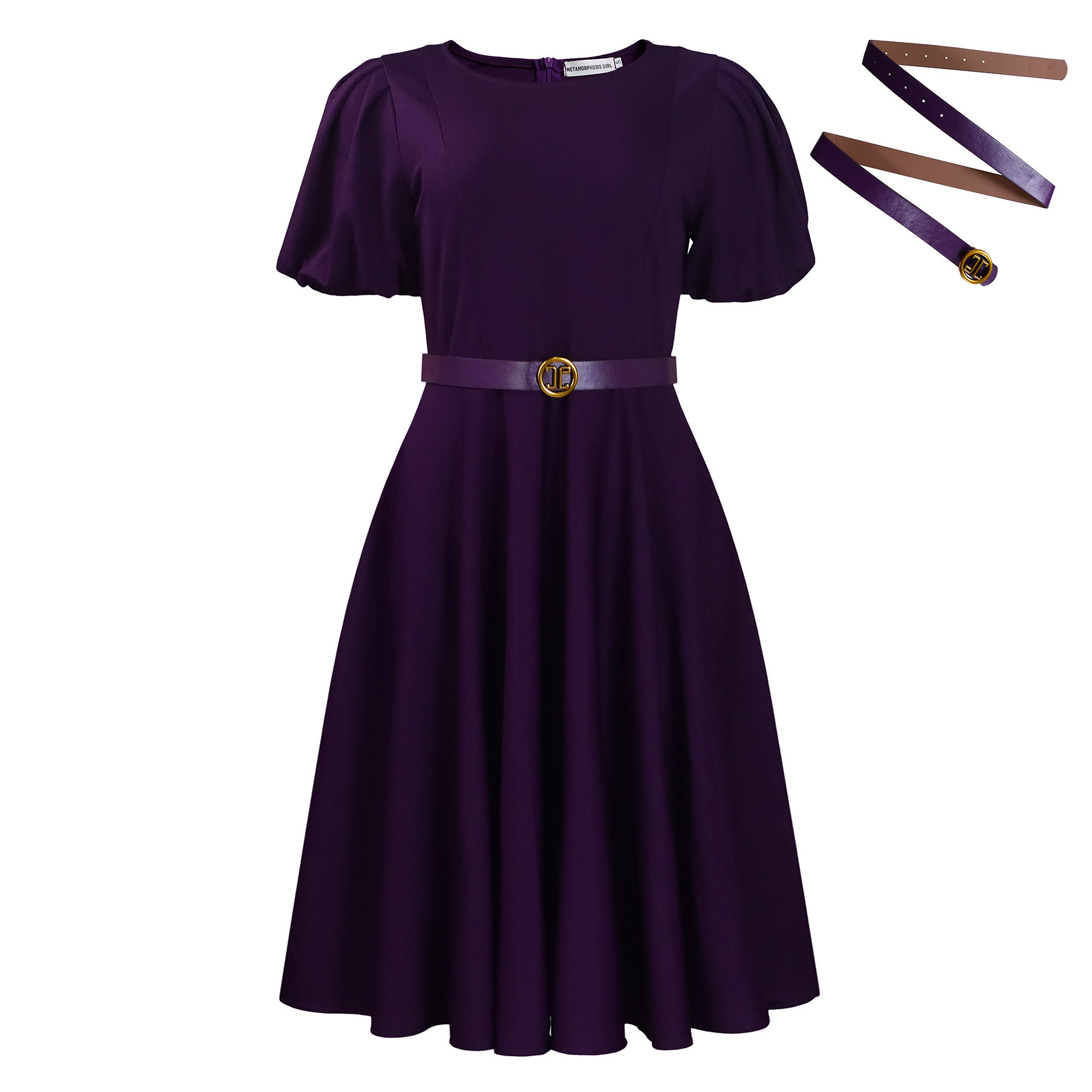 Elegant A Line Dress with Puff Sleeves Round Neck Waist Defined Flowy Skirt Perfect for Parties and Events