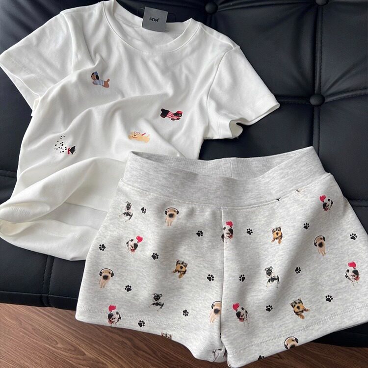 Корейский пижамный костюм с принтом щенка из мультфильма, женский летний костюм 2025 года, новые шорты с короткими рукавами, домашний костюм-двойка Изображение 1