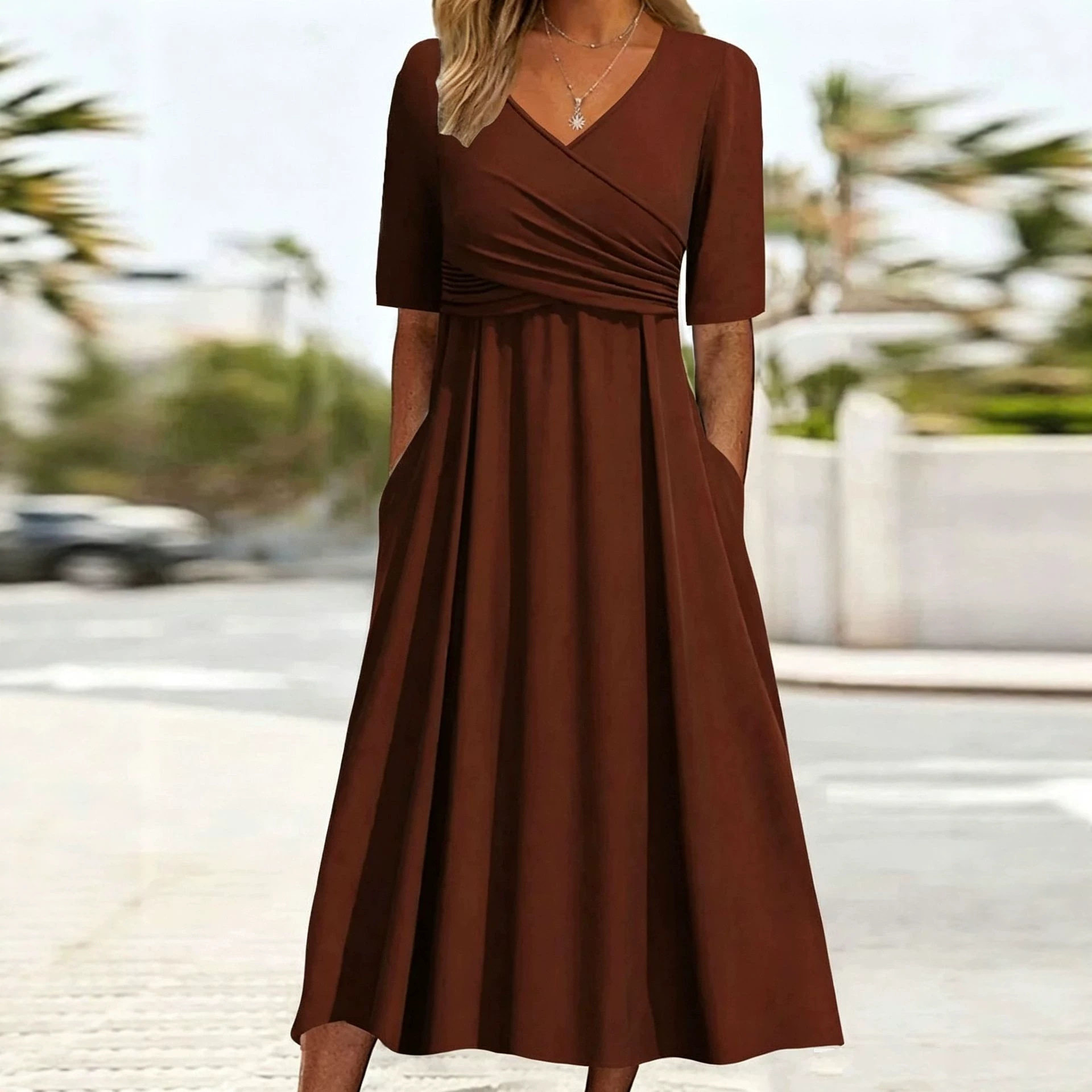 Elegant Womens Solid Color Maxi Dress V Neck Mid Sleeve Summer Style Available for Wholesale
