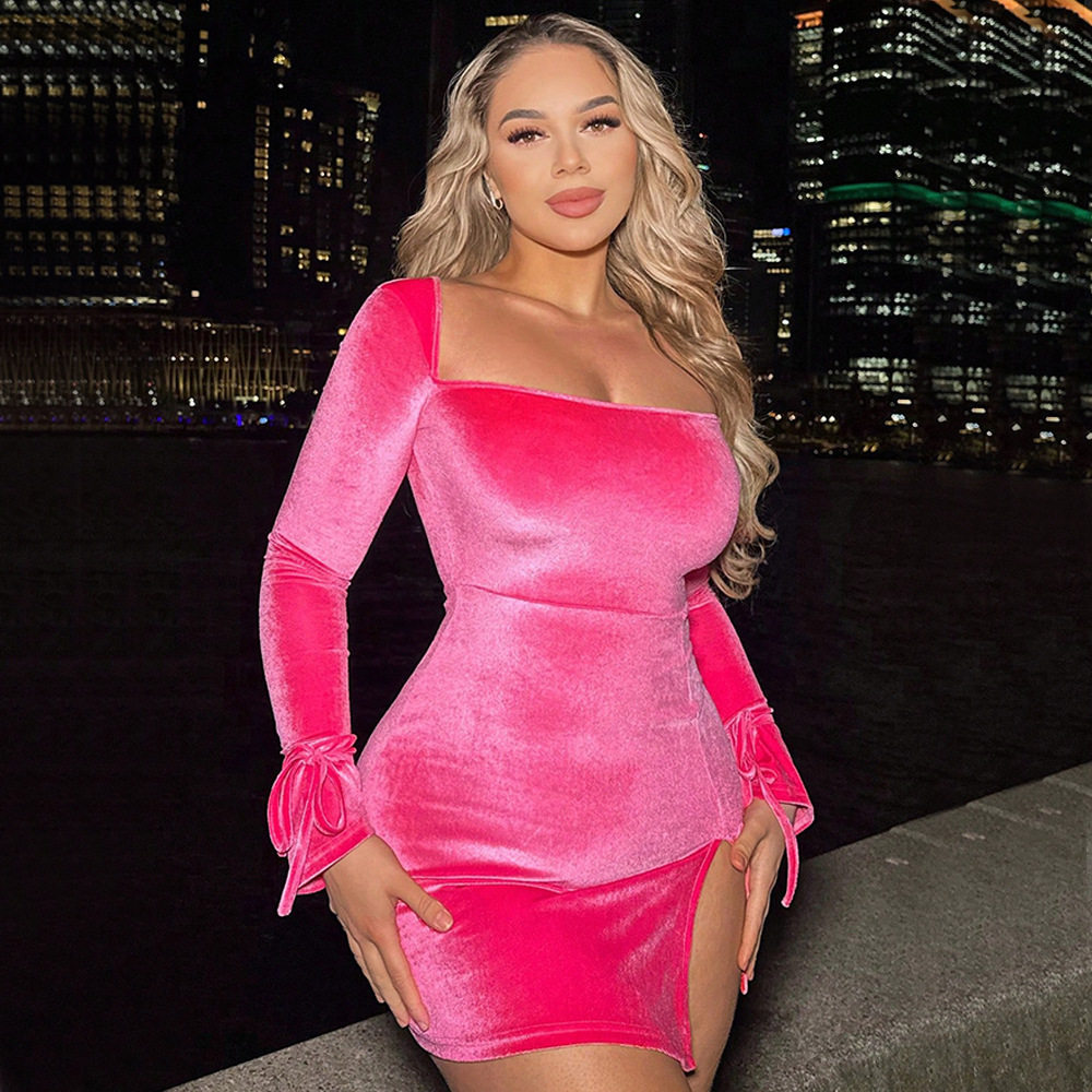 Velvet Bodycon Dress Square Neck Long Sleeve Side Slit Slim Fit Party Wear for Women Wholesale Available