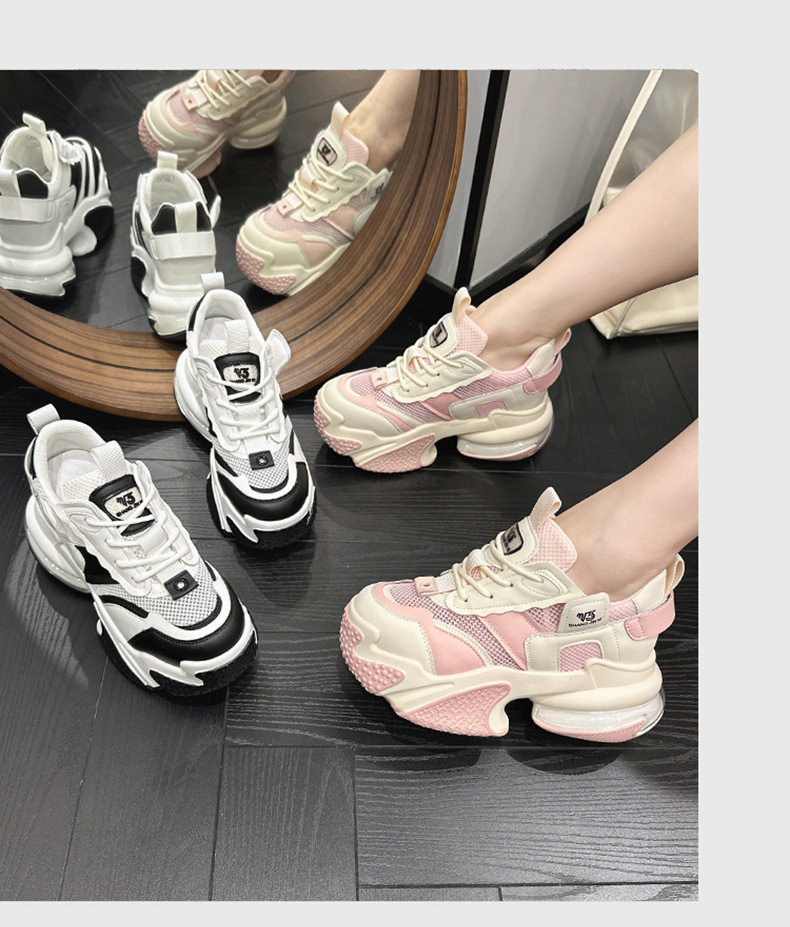 Giày sneaker nữ chunky đế dày da bò thật phối lưới thoáng khí, gót siêu cao 8 cm, tăng chiều cao — Trắng, đen, Xám, Hồng chi tiết 10