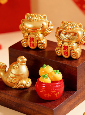 新年喜庆金色鱼摆件微景观手工造景配件招财元宝金龙家居树脂狮子
