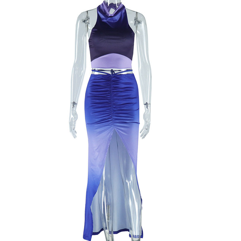 Fashion Floral Two Piece Set Sleeveless Backless High Slit Skirt Trendy for Summer Outings Wholesale Available