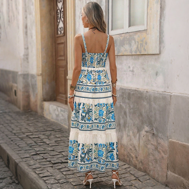 Floral Print Tiered Maxi Dress Sleeveless Bohemian Style Vacation Ready Wholesale Available customizable
