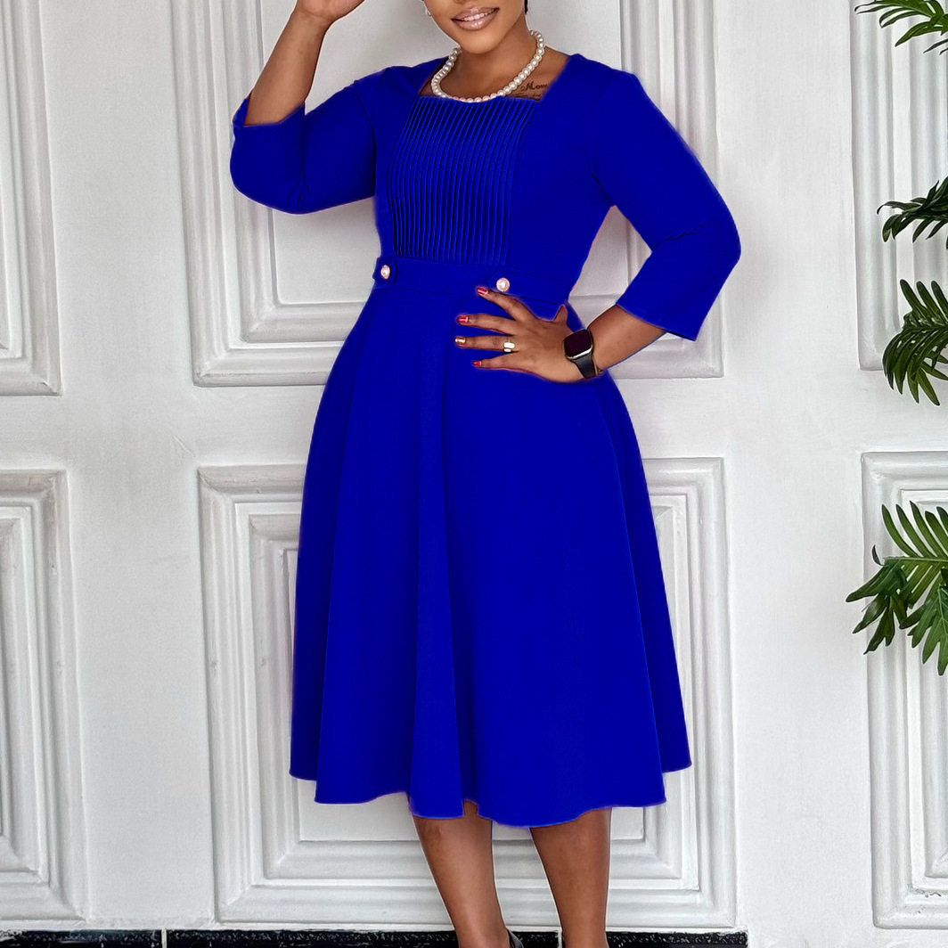 Plus Size Womens Dress Elegant Solid Color Ruffled Design Square Neck High Waist Fashion for Casual Occasions