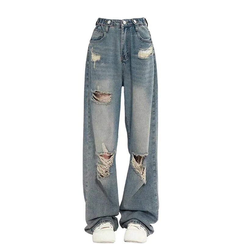 Plus Size Womens High Waisted Ripped Denim Jeans Loose Fit Straight Leg Street Style Casual Wear Wholesale