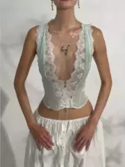 Custom-made | Purely Alluring Style, Multi-Colored Lace Trim, V-Neck Waist-Cinching Vest, Front-Tie Sheer Shaping Tube Top