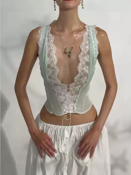 Custom-made | Purely Alluring Style, Multi-Colored Lace Trim, V-Neck Waist-Cinching Vest, Front-Tie Sheer Shaping Tube Top