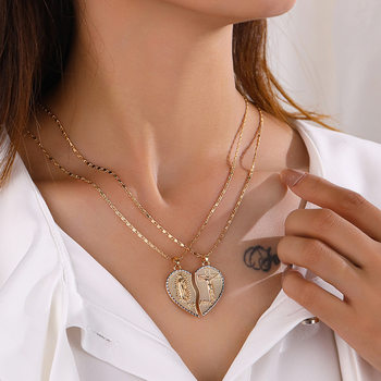 Cross-Border European and American Style New Spliced Heart-Shaped Couple Necklace Made of Copper, Two Halves of Heart Pendant Stacked Collarbone Chain