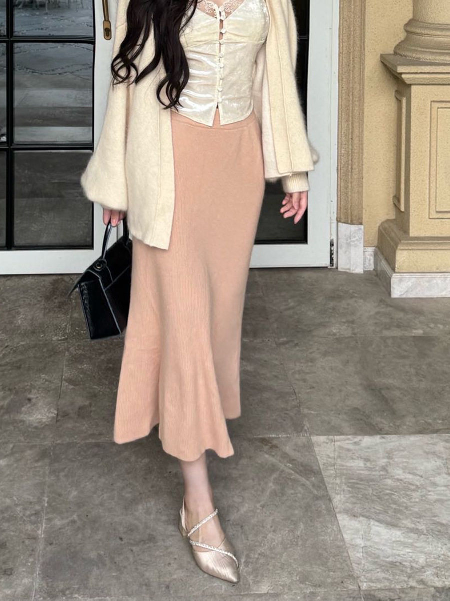 Slow Rhythm Small Proportion Rabbit Velvet Fishtail Knitted Skirt Women's Autum Elegant Pure Color Slim Straight Skirt Long Skirt