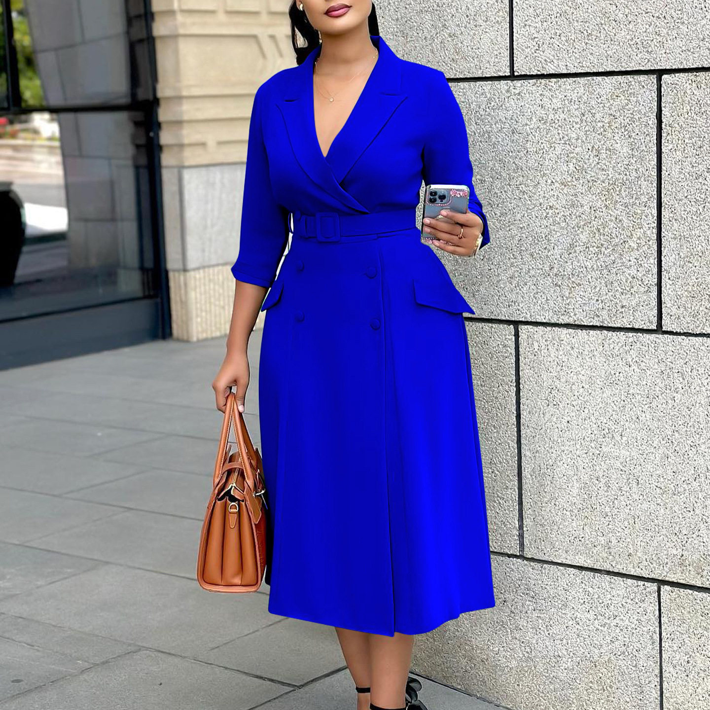 Double Breasted Blazer Dress Elegant Solid Color Mid Length Fashionable Design Perfect for Office or Casual Events
