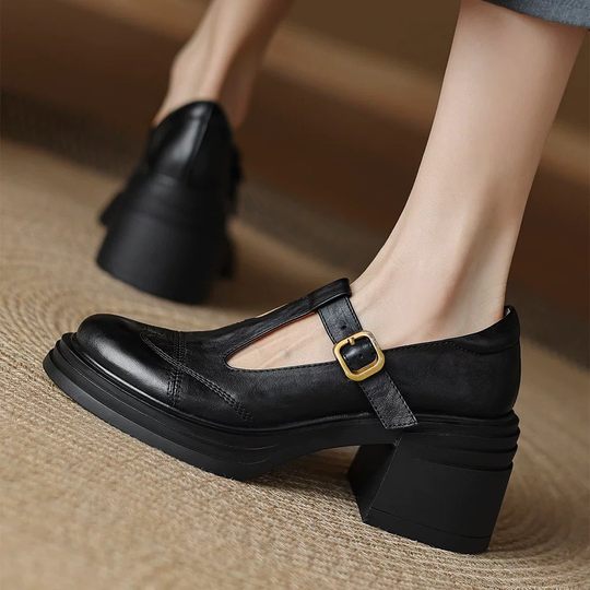 Wash the skin! Giant Comfortable ~ Soft Leather Single-layer Shoes Women's Thick Heel Thick-soled Mary Jane Shoes Small Leather Shoes French High Heels