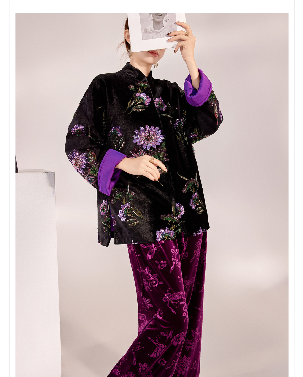 Áo khoác dạ thêu họa tiết hoa rực rỡ dáng cổ chữ V — Màu đen [phiên bản cotton], Áo khoác tay lông đà điểu [phiên bản cotton]