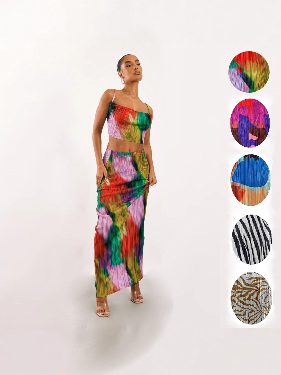 European and American Cross-Border Amazon Popular Printed Pleated Two-Piece Suspender Women's Top + Slim Long Skirt Qm025