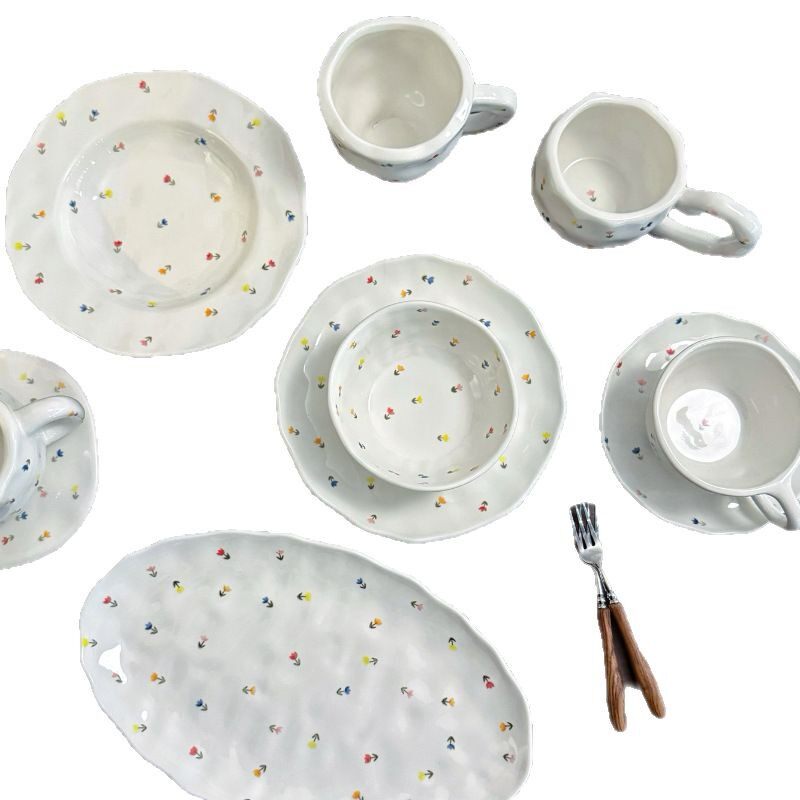 Korean Style Ins Style Hand-painted Color Tulip Ceramic Plate Hand-kneading Bowl High Color Value Coffee Cup and Saucer Oval Plate