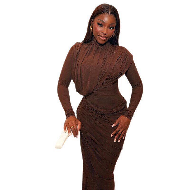 Womens Bodycon Dress High Neck Long Sleeve Pleated Design Casual Office Wear Wholesale Available