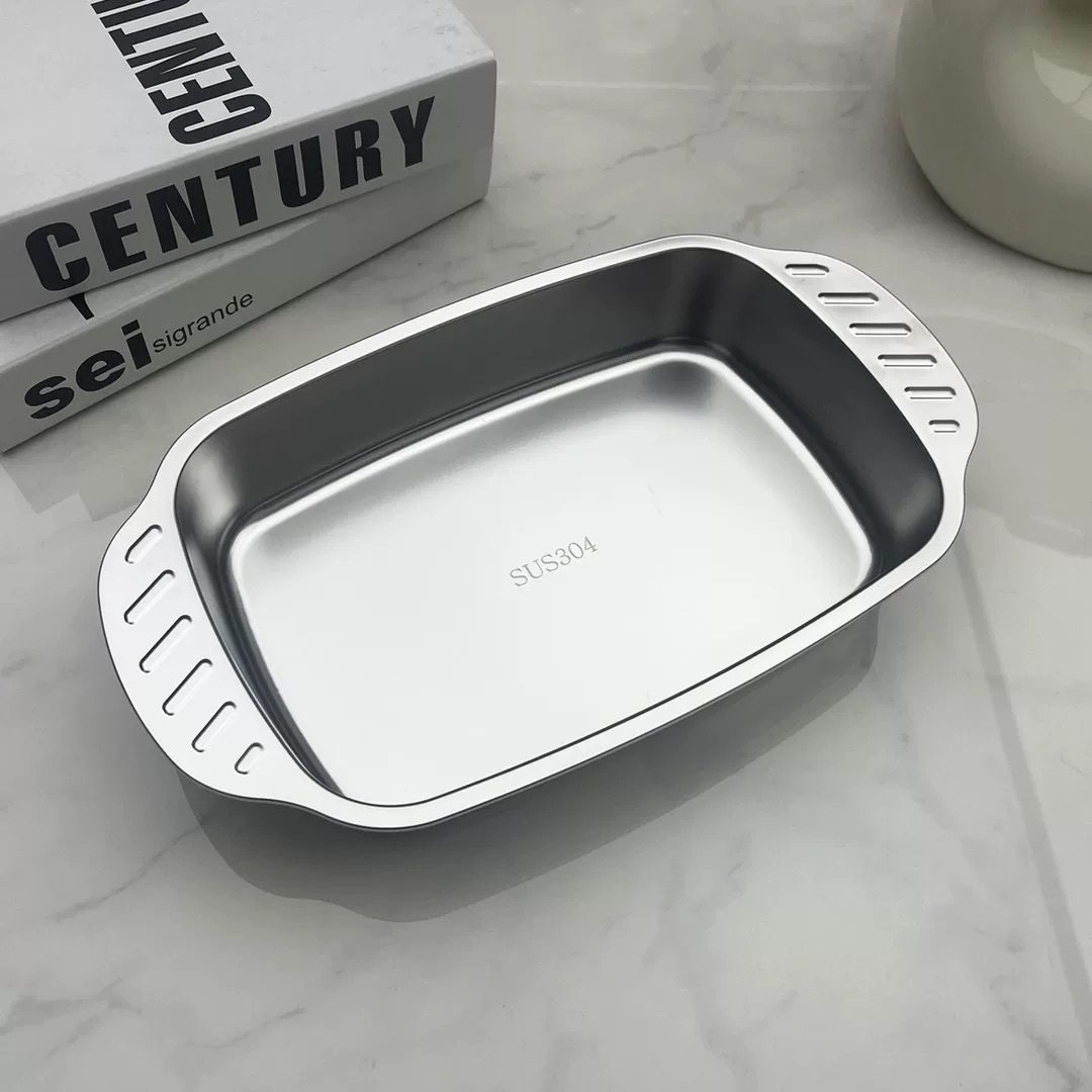 Square household stainless steel grilled fish plate deep plate binaural anti-scald induction cooker commercial thickened tray grilled fish plate