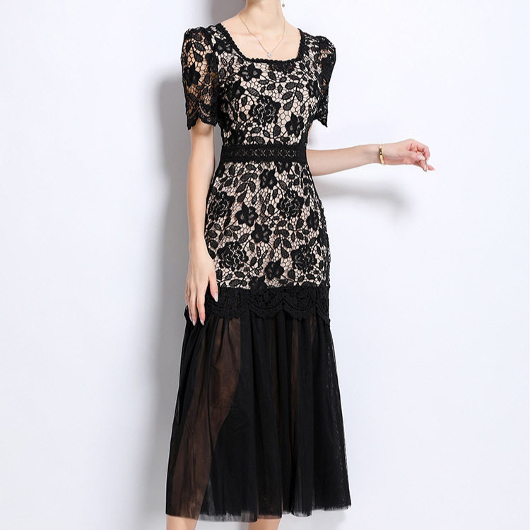 Elegant Summer Lace Square Neck Dress for Women High Quality Fabric Flowy Design Mesh Panel Perfect for Formal