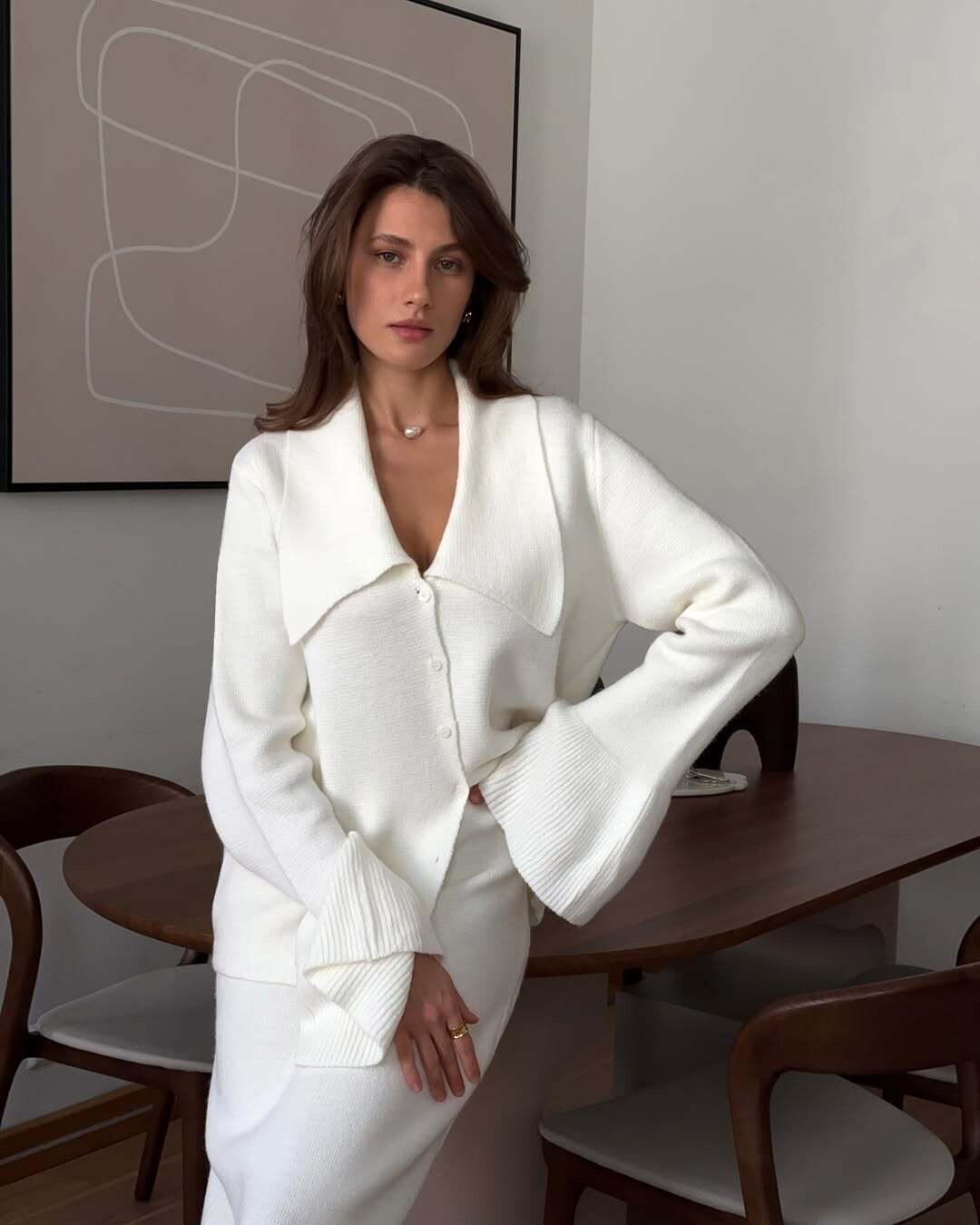 Womens Autumn Winter Solid Color Polo Cardigan and Flared Sleeve Sweater Set Elegant Knit Design Perfect for Casual or