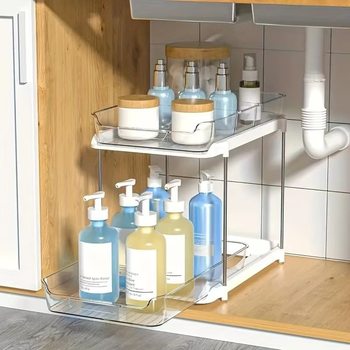 Cross-Border Popular Double-Layer Storage Rack Pet Transparent Cosmetics Storage Box Multi-Layer Kitchen Desktop Drawer Organizer Box